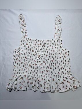 Suite 2939 Women’s M White Floral Square Neck Smocked Ruffle Hem Tie Crop Tank